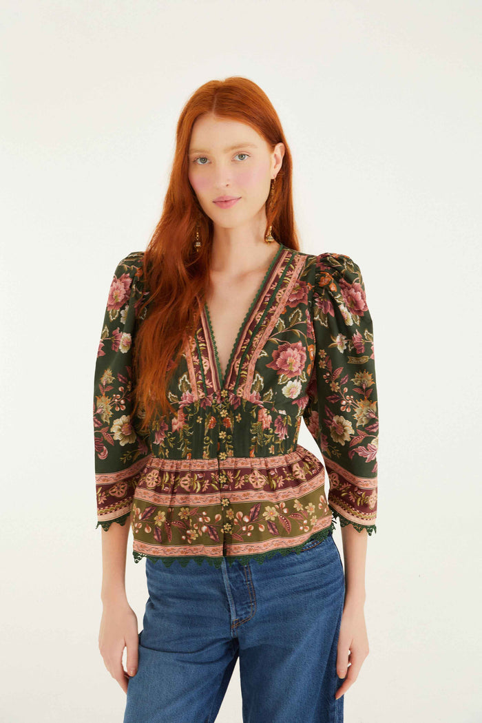 FARM Rio model wearing the Green Flowering Garden Tree Blouse