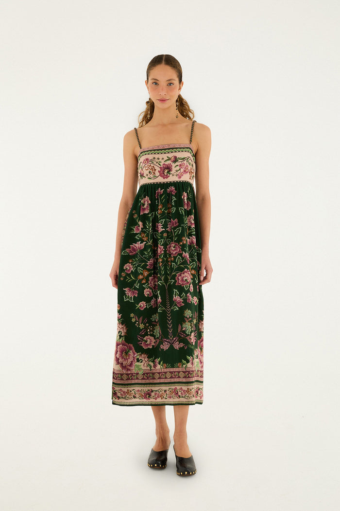 Green Flowering Garden Tree Sleveeless Midi Dress