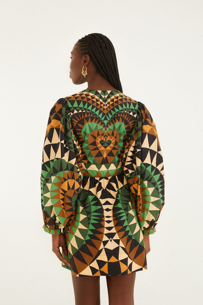 Green Heart Deco Puff Sleeve  Mini Dress