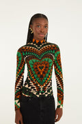 Green Heart Deco Ruched Waist Jersey Blouse