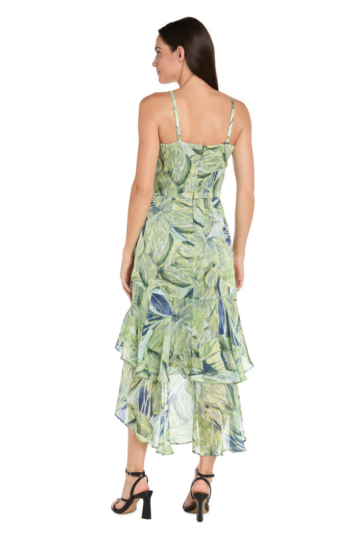 Leaf Print High-Low Chiffon Midi Dress