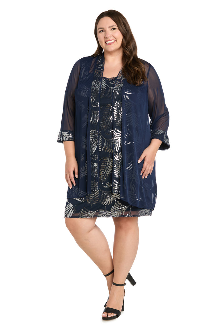 Leaf Sequin Mesh Jacket Dress with Sheer Chiffon Jacket - Plus