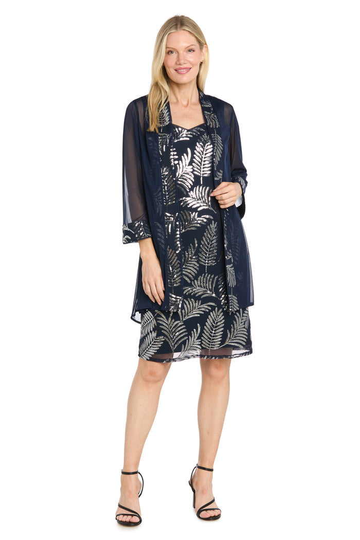 Leaf Sequin Mesh Jacket Dress with Sheer Chiffon Jacket