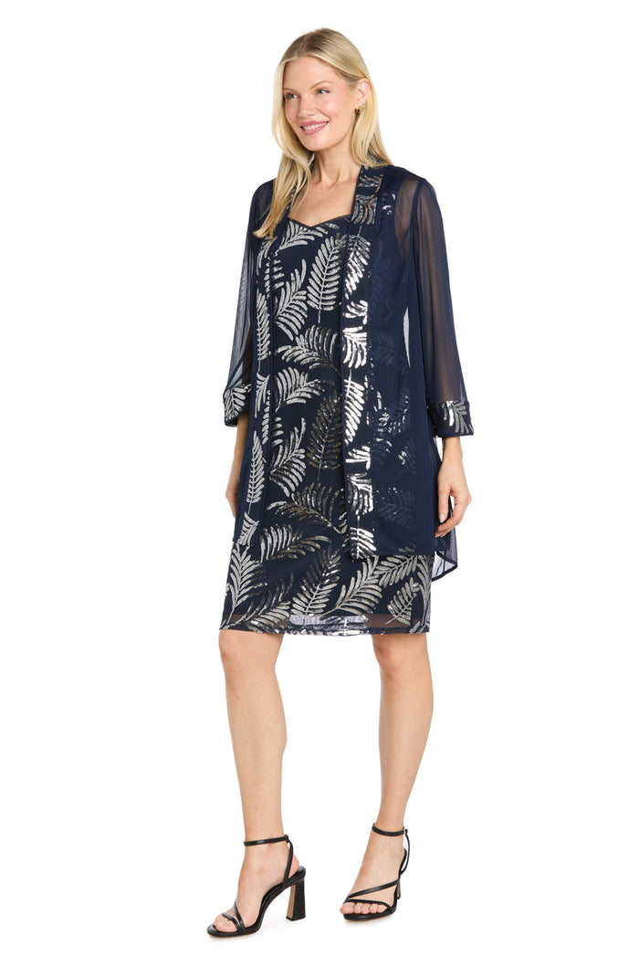 Leaf Sequin Mesh Jacket Dress with Sheer Chiffon Jacket