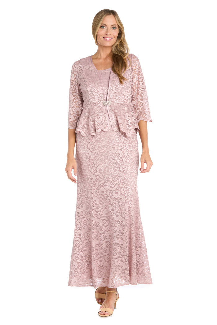 Long Glitter Lace Dress Matched with an Overlay Jacket and Rhinestone Buckle - Petite