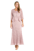 Long Glitter Lace Dress Matched with an Overlay Jacket and Rhinestone Buckle - Petite