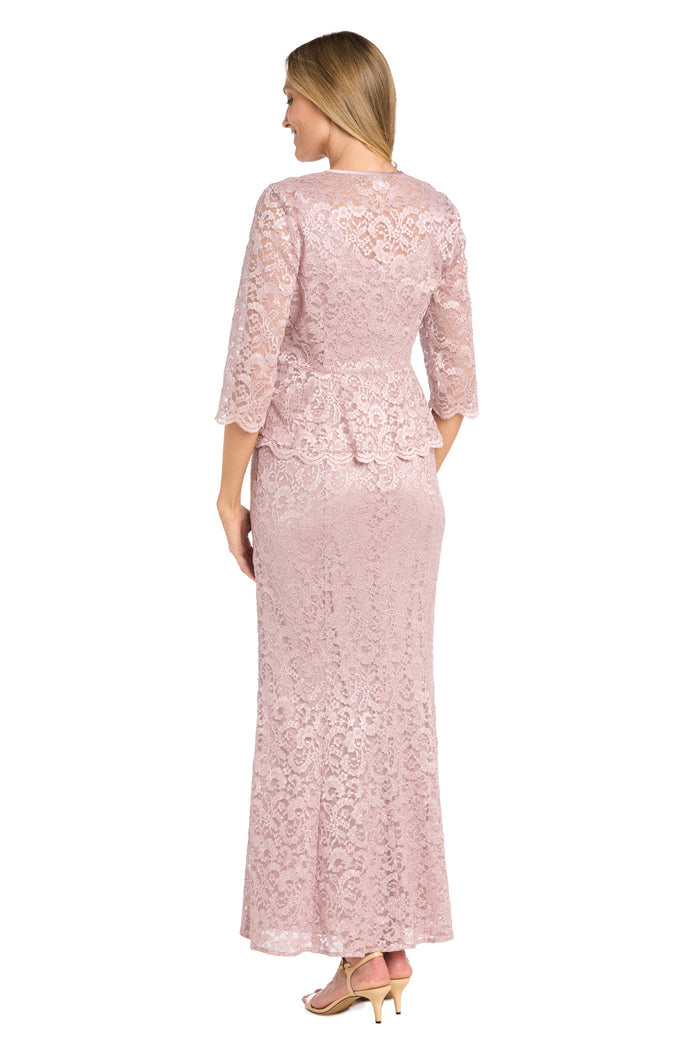 Long Glitter Lace Dress Matched with an Overlay Jacket and Rhinestone Buckle - Petite