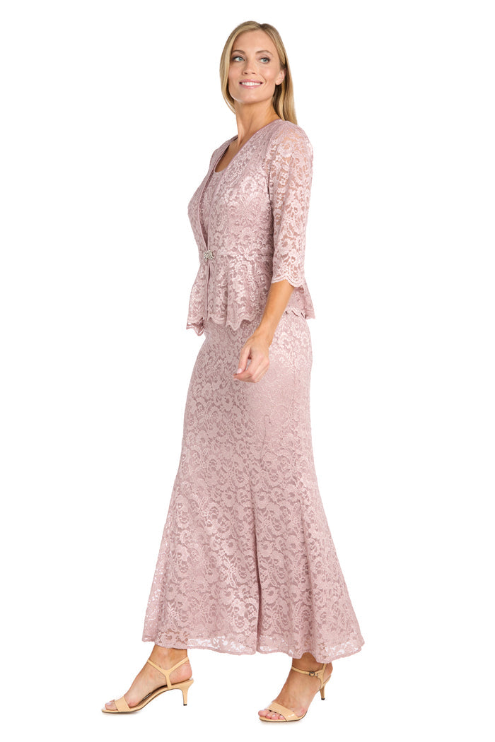 Long Glitter Lace Dress Matched with an Overlay Jacket and Rhinestone Buckle - Petite