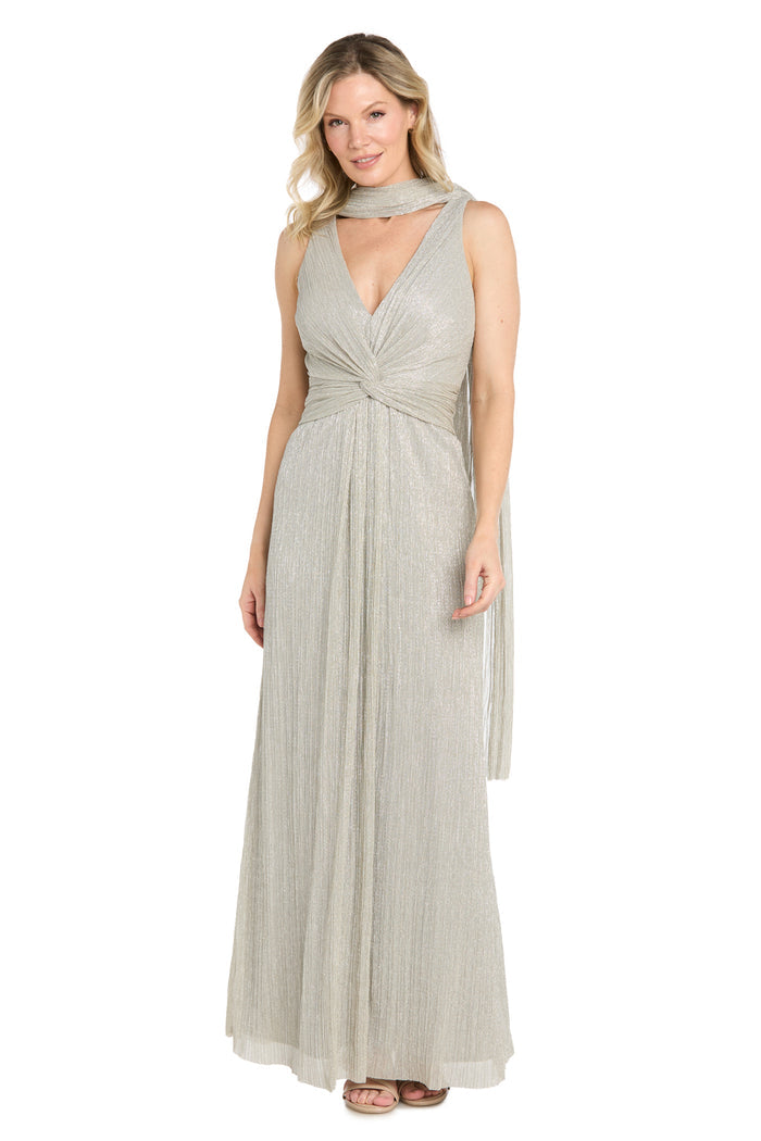 Long Metallic Crinkle Twist Front Gown with Scarf