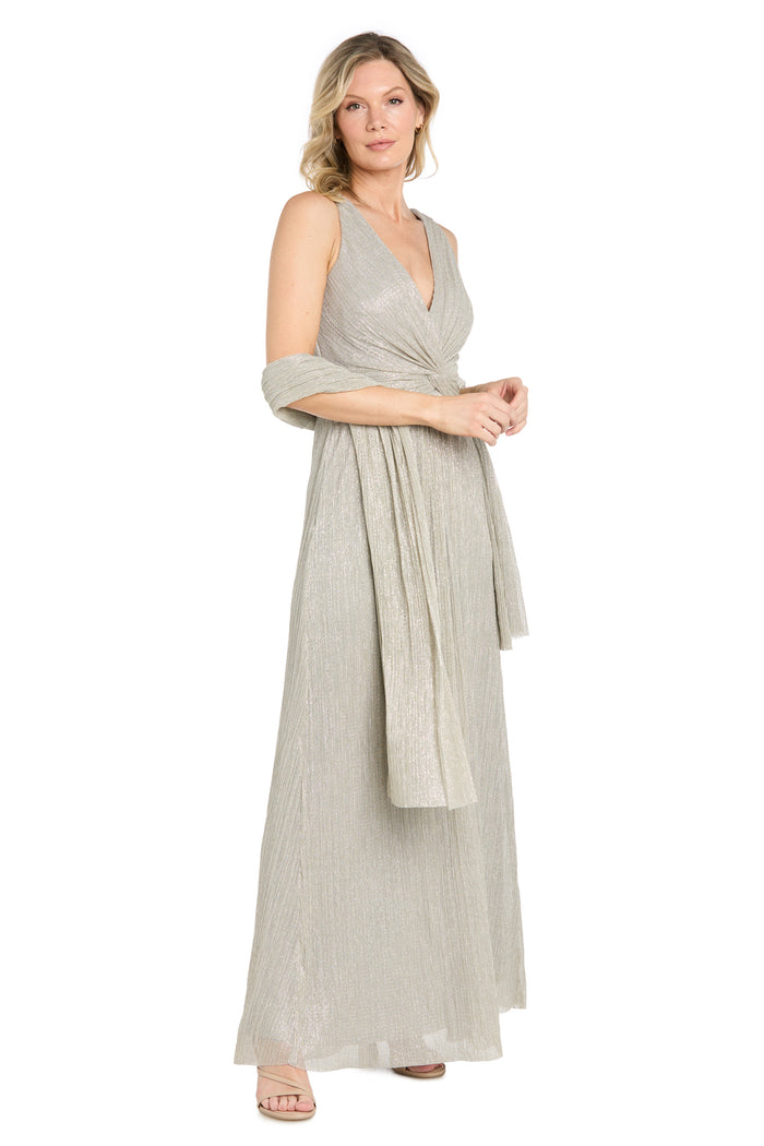 Long Metallic Crinkle Twist Front Gown with Scarf