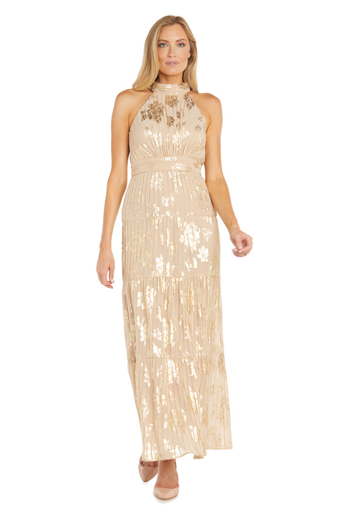 Long Pleated Metallic Jacquard Dress with a Tiered Skirt