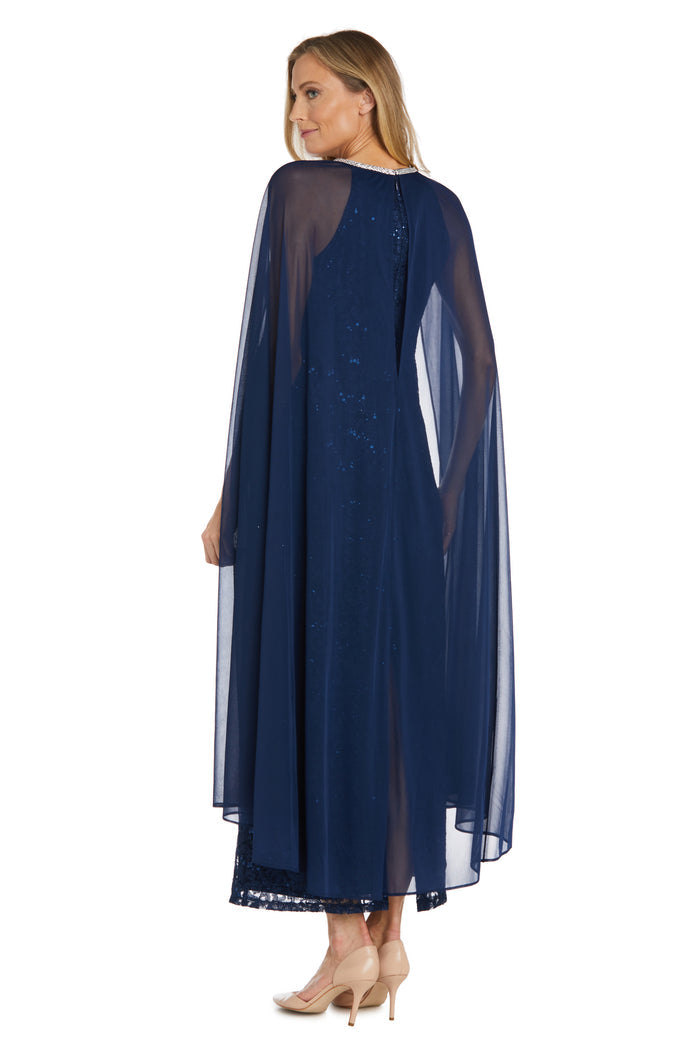 Long Sequin Lace Dress with Chiffon Cape and Rhinestone Neckline