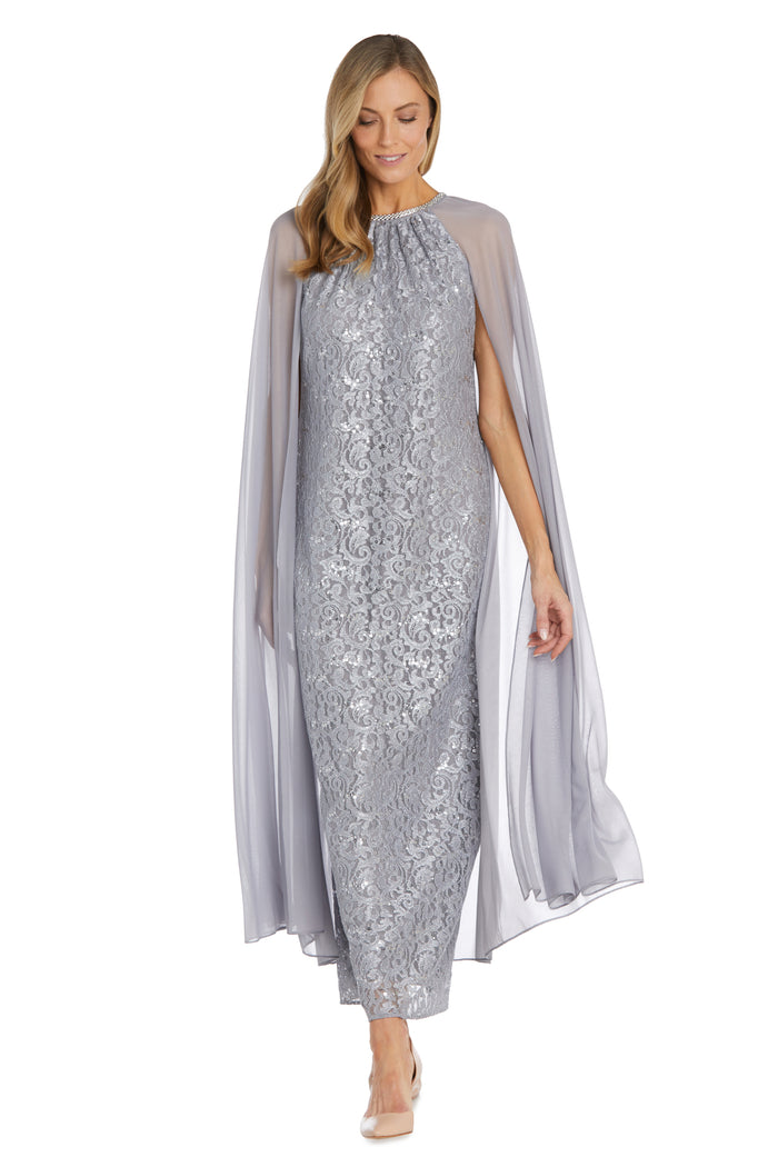 Long Sequin Lace Dress with Chiffon Cape and Rhinestone Neckline
