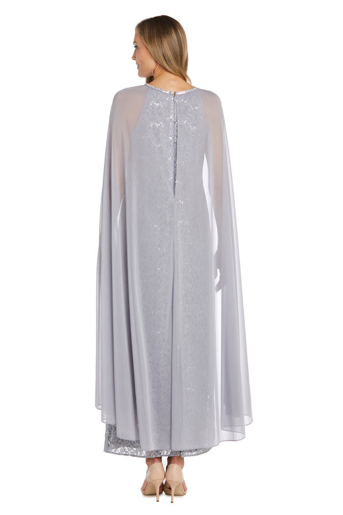 Long Sequin Lace Dress with Chiffon Cape and Rhinestone Neckline