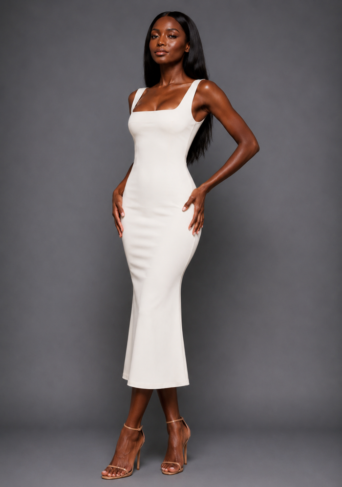 Side front image of a model wearing the VSPR Marianna Square Neckline Fishtail Midaxi Dress in Ivory, showcasing the sculpted bodice and softly flared fishtail hem against a grey studio backdrop.