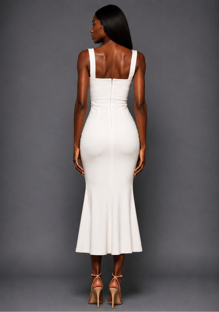 Back image of a model wearing the VSPR Marianna Square Neckline Fishtail Midaxi Dress in Ivory, showcasing the elegant fitted silhouette and softly flared mermaid hem against a grey studio backdrop.