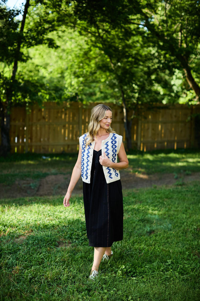 Martha Hand Knit Cotton Vest in Cream and Cobalt