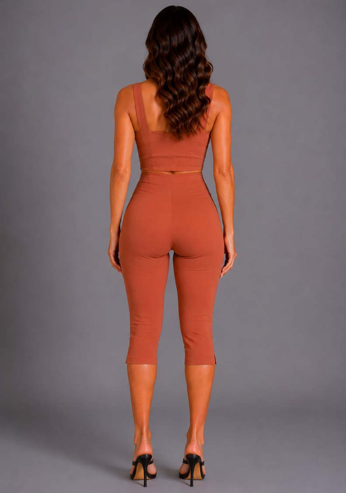 Back image of a model wearing the VSPR Capri Cropped Rust Pants with a high-rise fit, streamlined rear silhouette, and cropped length against a grey studio backdrop