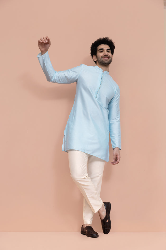 Men Blue Solid Mid Kurta Trouser Set