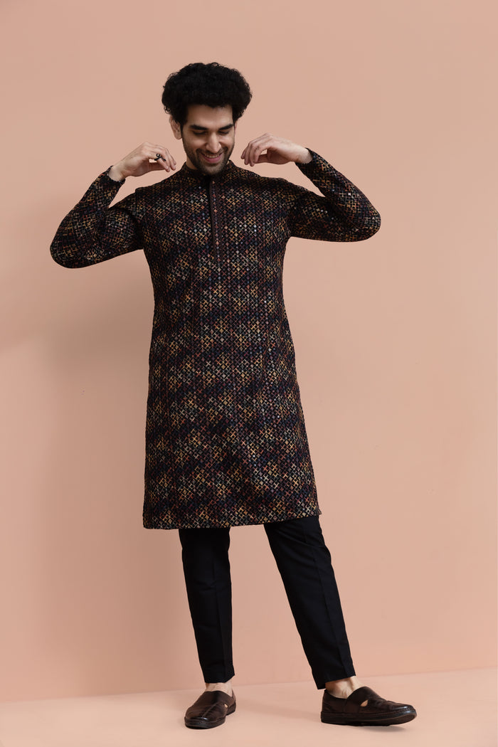Men Multi Geometric Heavy Thread Work Kurta Trouser Set