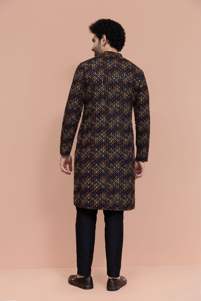 Men Multi Geometric Heavy Thread Work Kurta Trouser Set