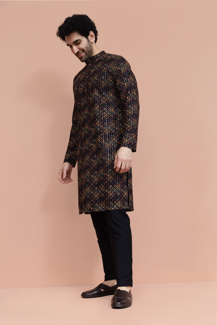 Men Multi Geometric Heavy Thread Work Kurta