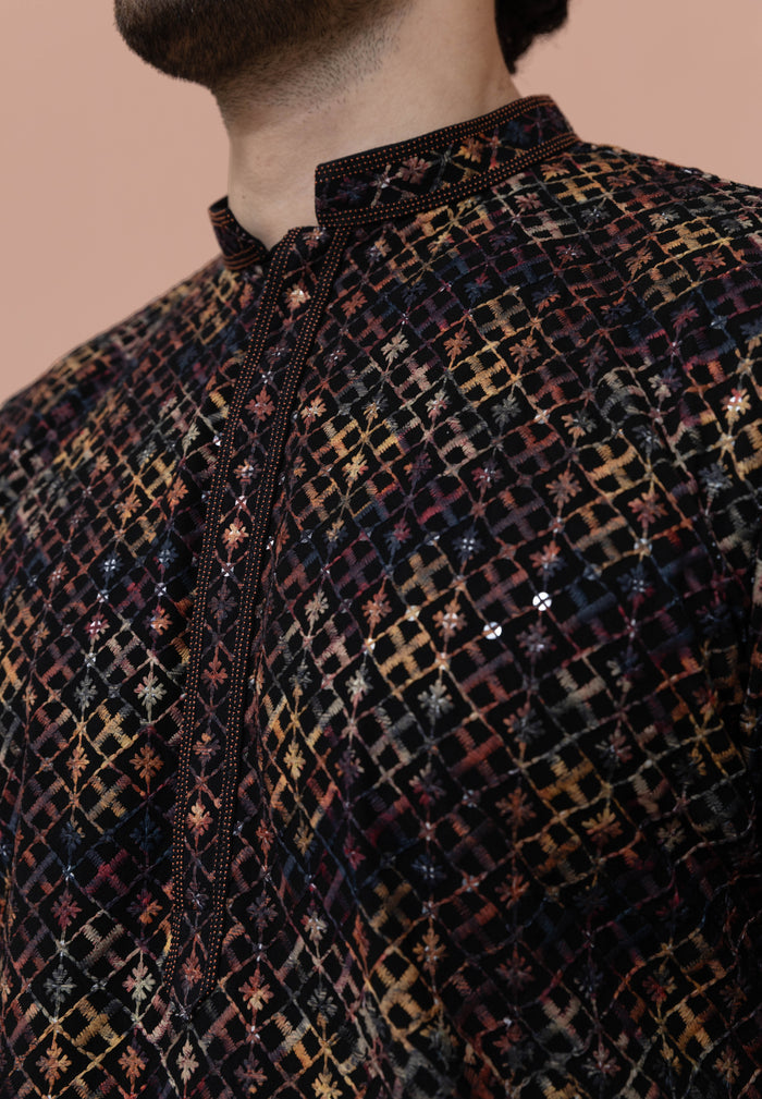 Men Multi Geometric Heavy Thread Work Kurta