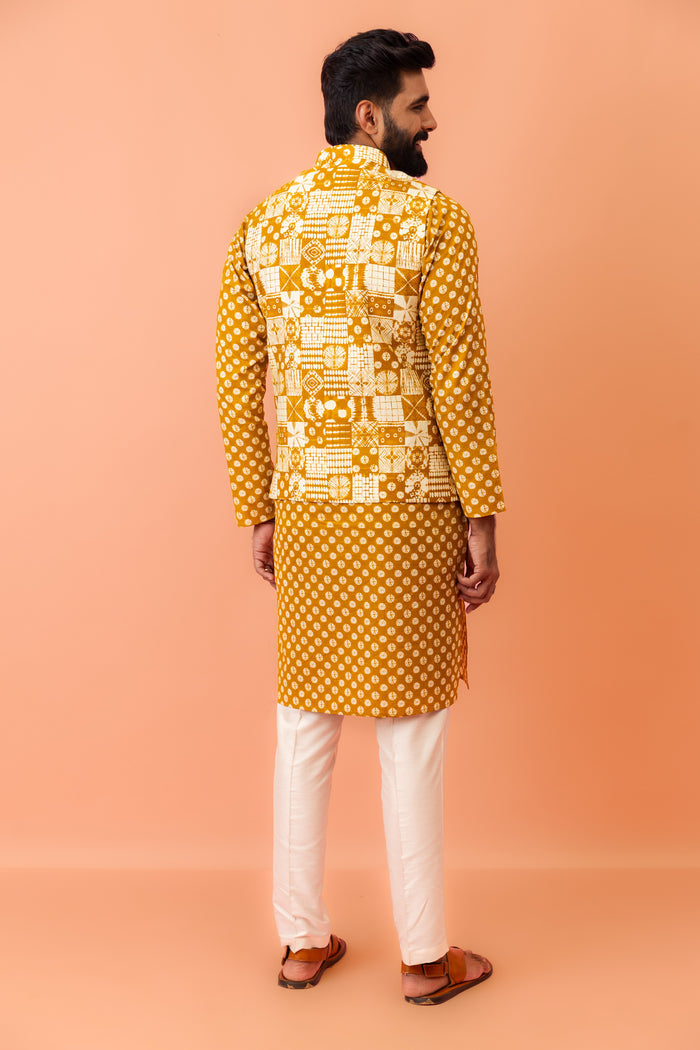Men Mustard Printed Nehru Jacket