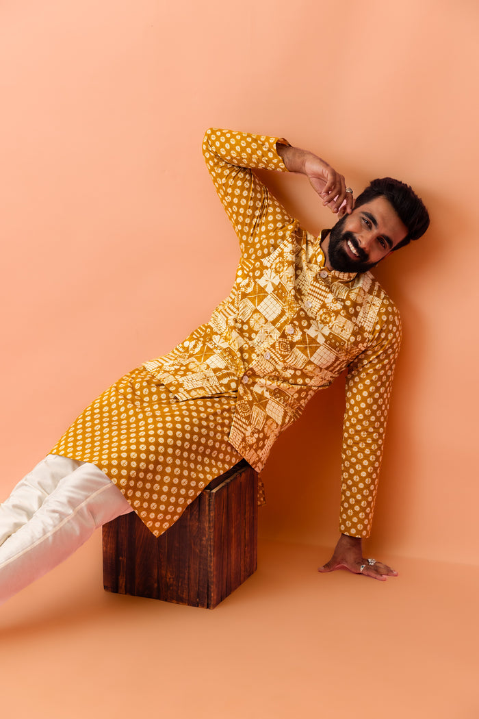 Men Mustard Printed Nehru Jacket