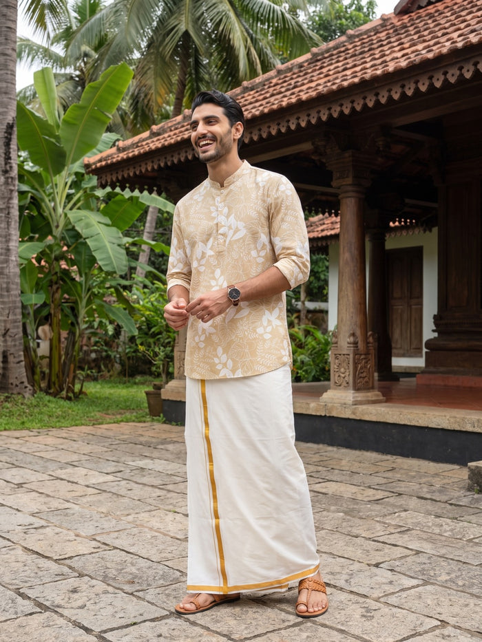 Men Yellow Cotton Print Kurta