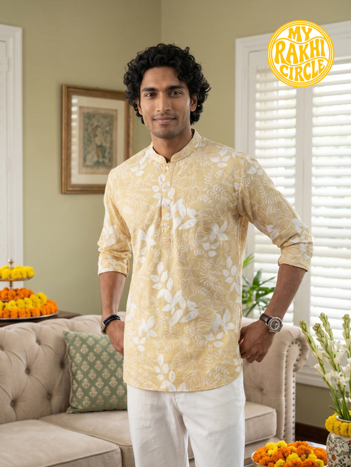 Men Yellow Cotton Print Short Kurta