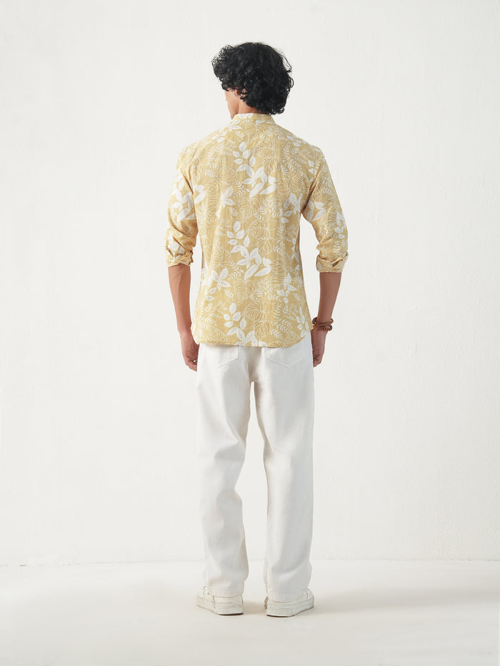 Men Yellow Cotton Print Short Kurta