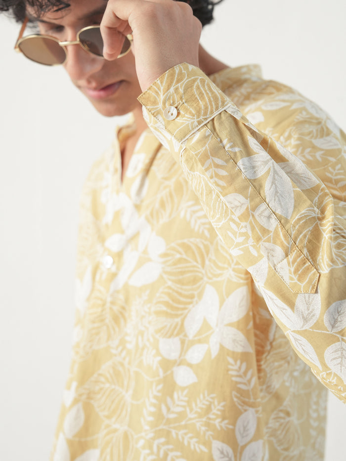 Men Yellow Cotton Print Short Kurta