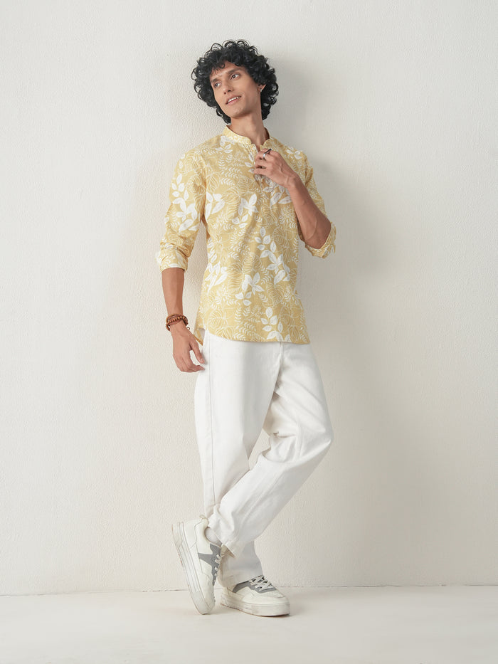 Men Yellow Cotton Print Short Kurta