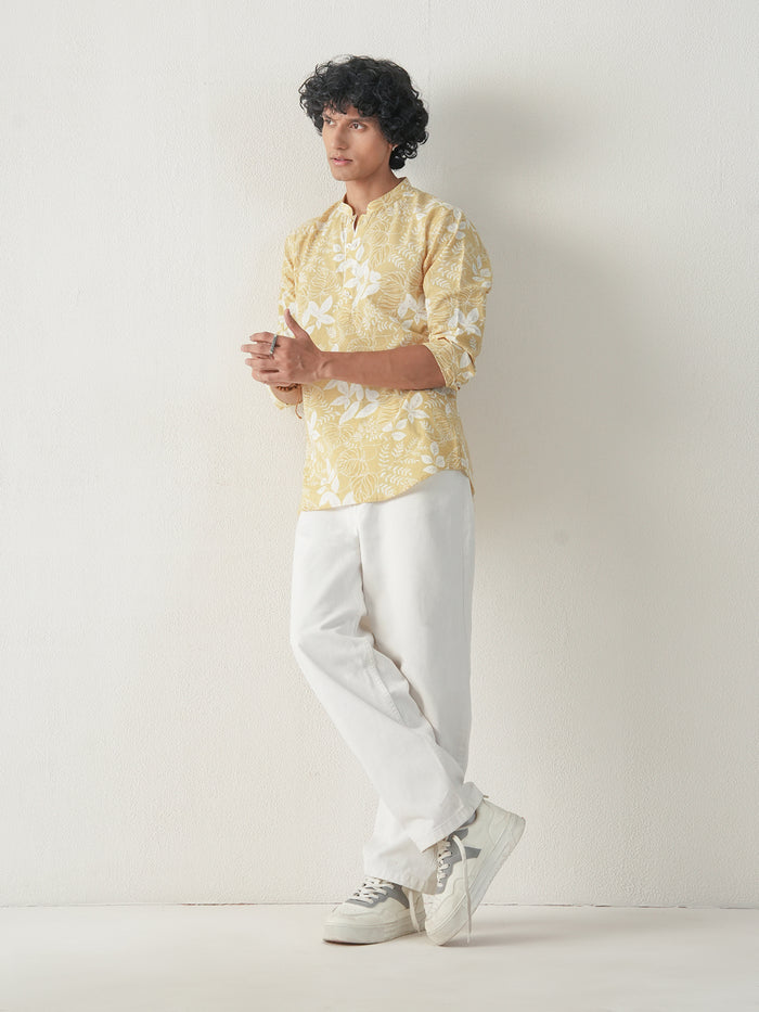 Men Yellow Cotton Print Short Kurta