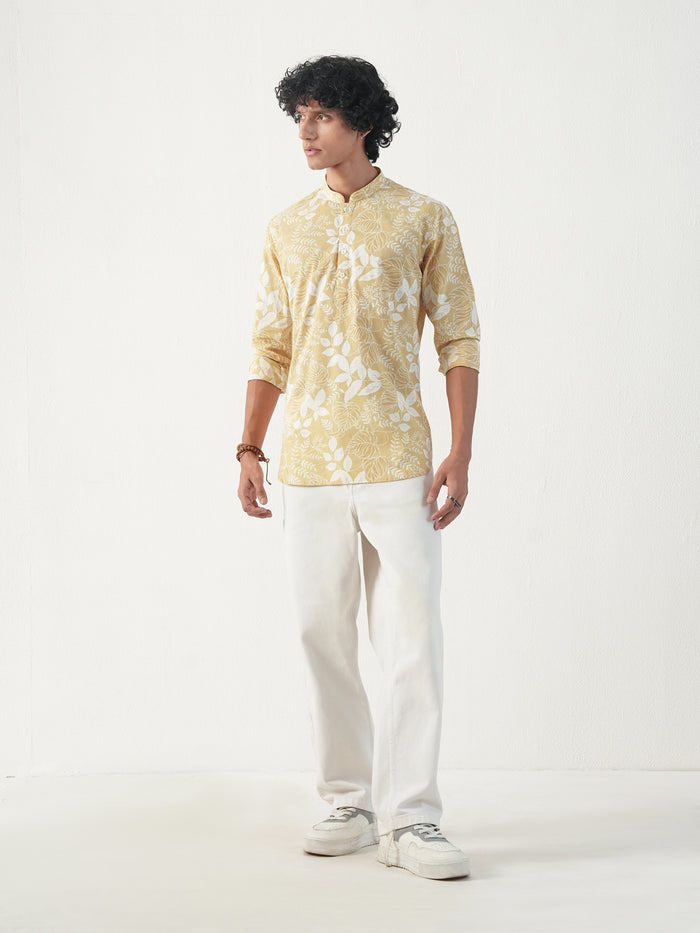 Men Yellow Cotton Print Short Kurta