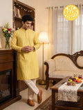 Mens Yellow Blend Print Kurta Trouser Set