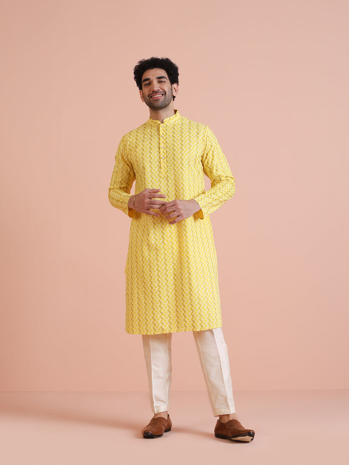 Mens Yellow Blend Print Kurta Trouser Set