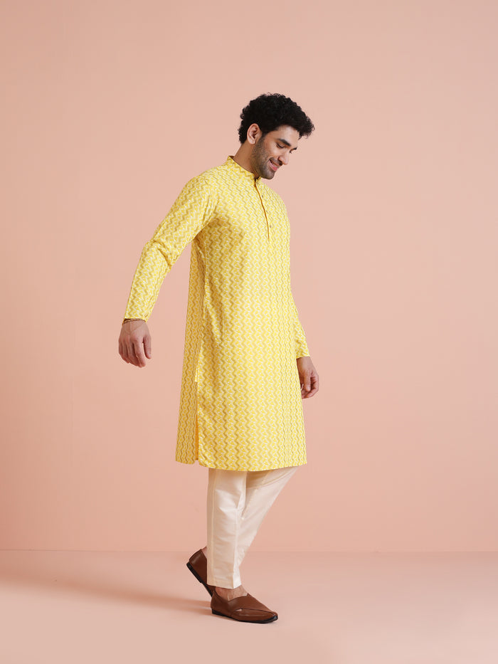 Mens Yellow Blend Print Kurta Trouser Set