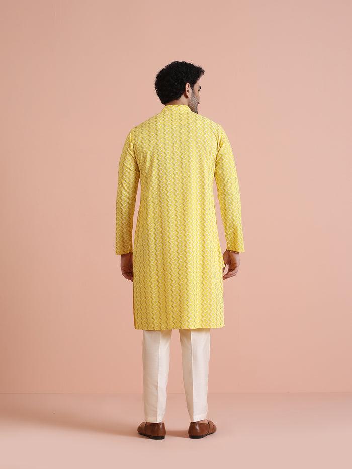 Mens Yellow Blend Print Kurta Trouser Set