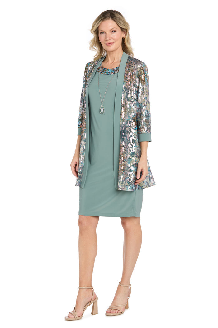 Metallic Print Jacket Dress with Necklace