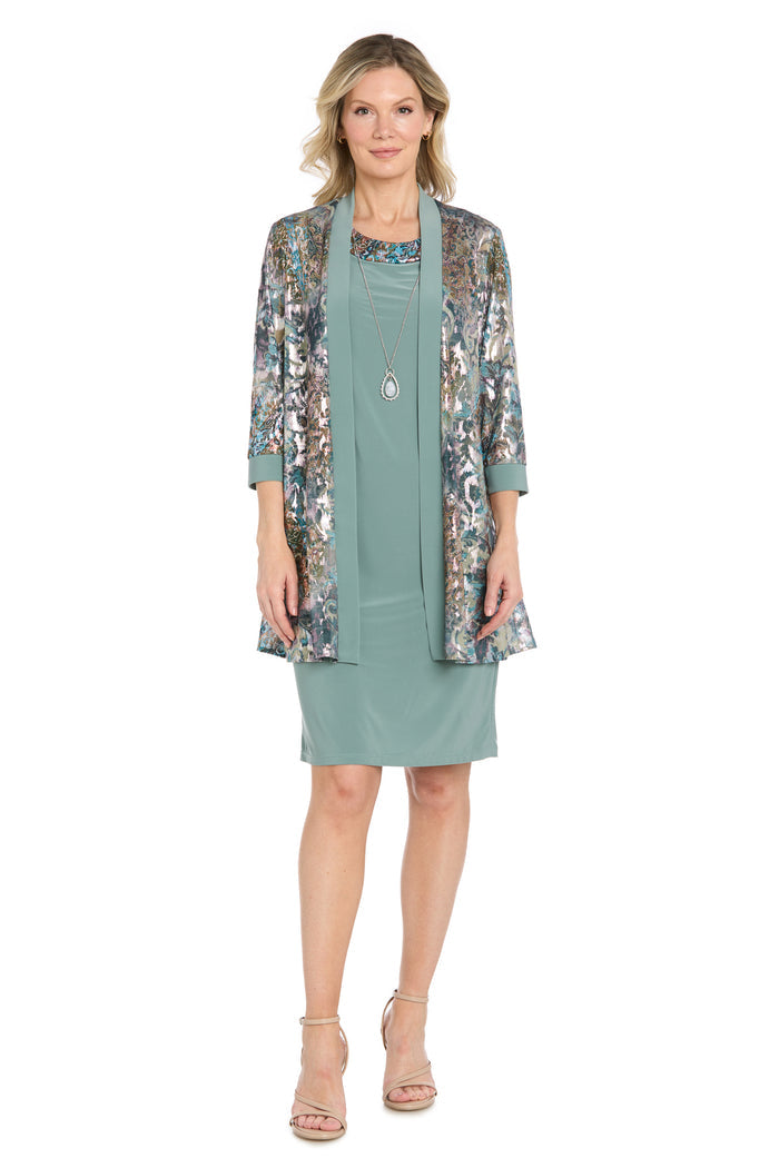 Metallic Print Jacket Dress with Necklace