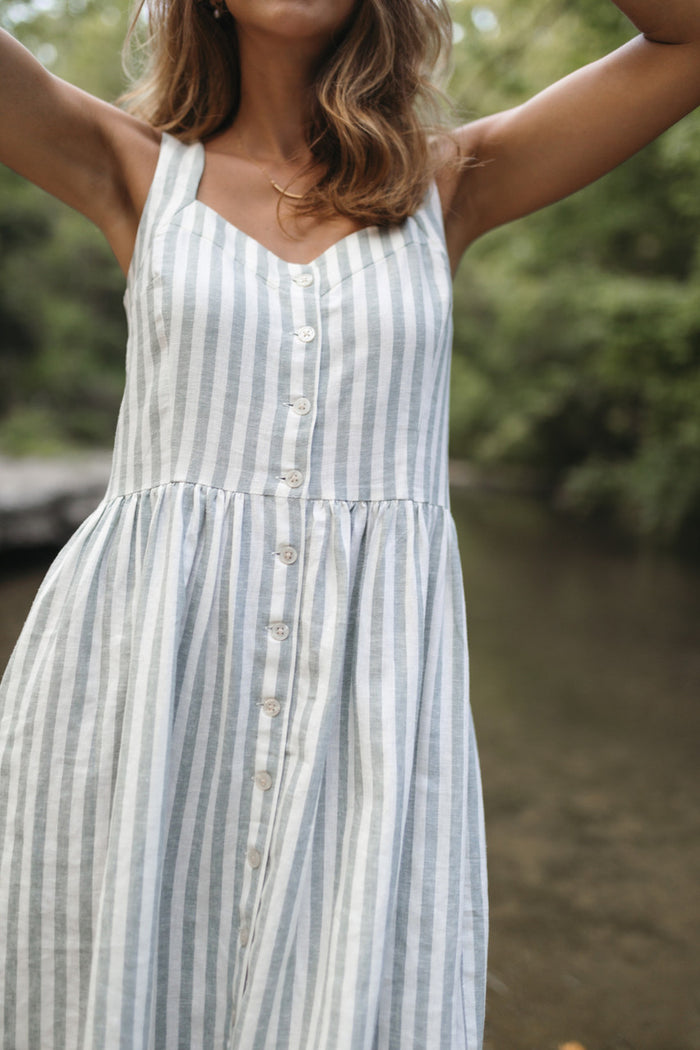 Mia Linen Dress in Green and White Stripe - XL Left