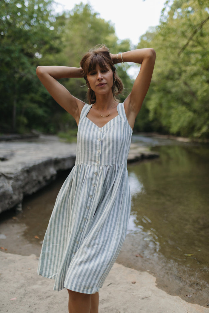 Mia Linen Dress in Green and White Stripe - XL Left