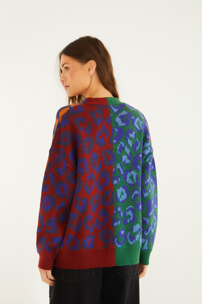 Mixed Ikat Leopard Buttoned Knit Cardigan