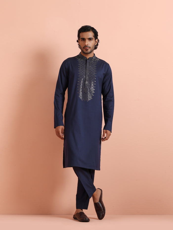 Navy Blue Embroidered Kurta Trouser Set