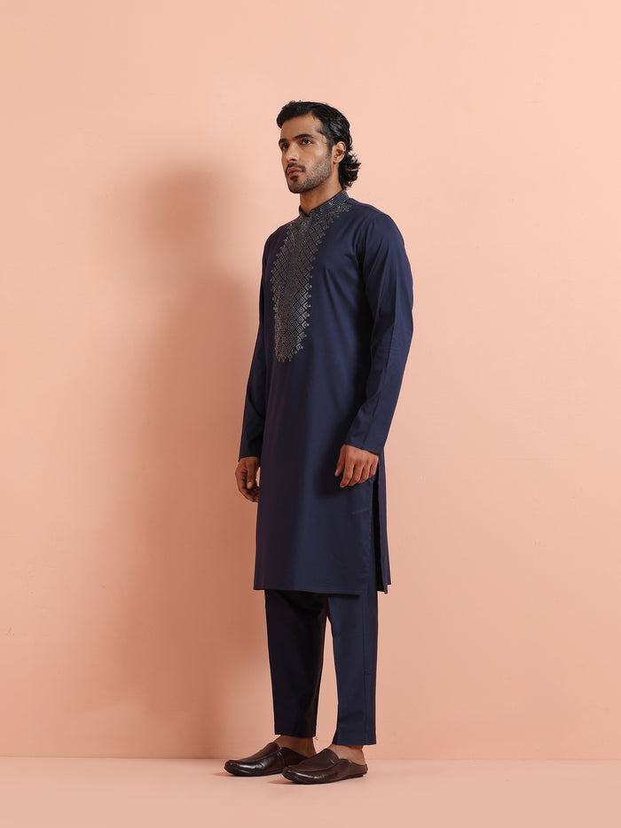 Navy Blue Embroidered Kurta Trouser Set