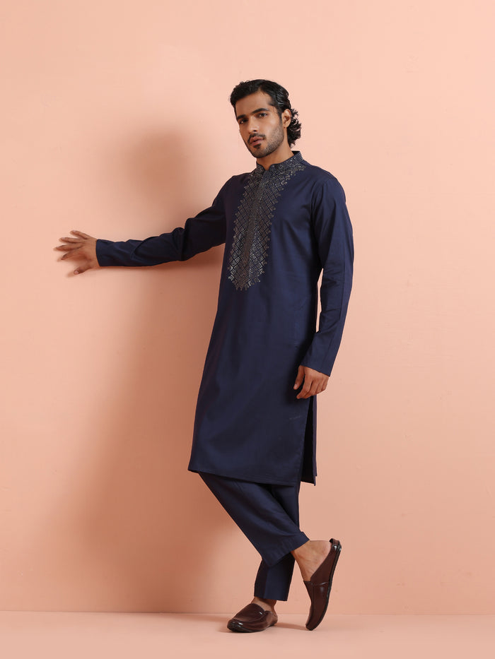 Navy Blue Embroidered Kurta Trouser Set