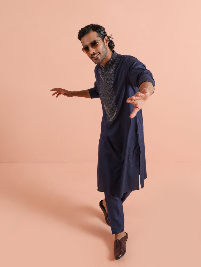 Navy Blue Embroidered Kurta Trouser Set