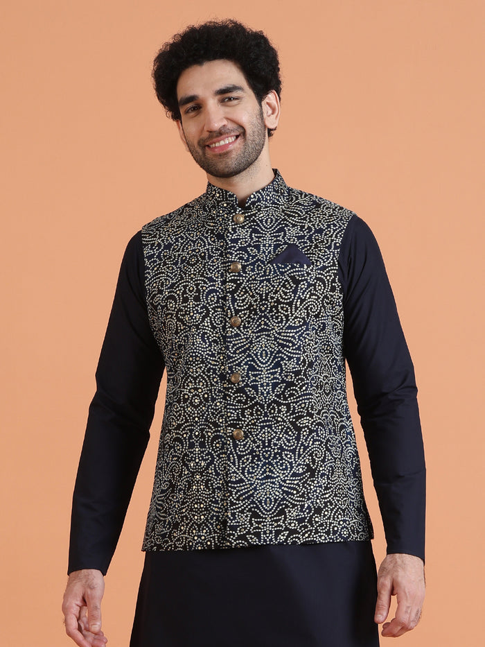 Navy Blue Silk Blend Printed Nehru Jacket